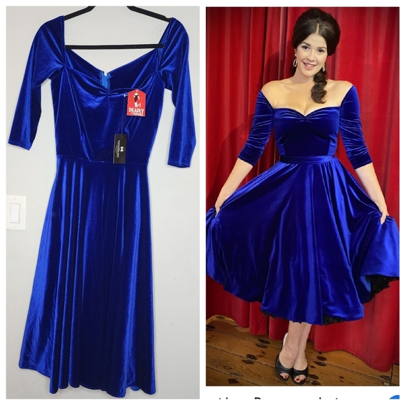 NWT Deadly Is The Female Blue Velvet On Off Shoulder Swing Dress Size UK 6/8 XS - Picture 1 of 16